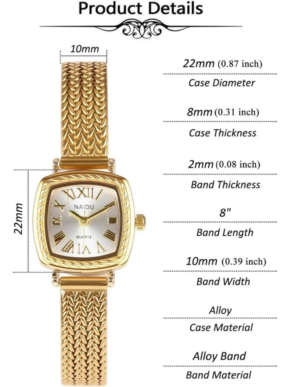 Women's Gold Analog Quartz Vintage Square Alloy Steel Roman Numeral Wrist Watch